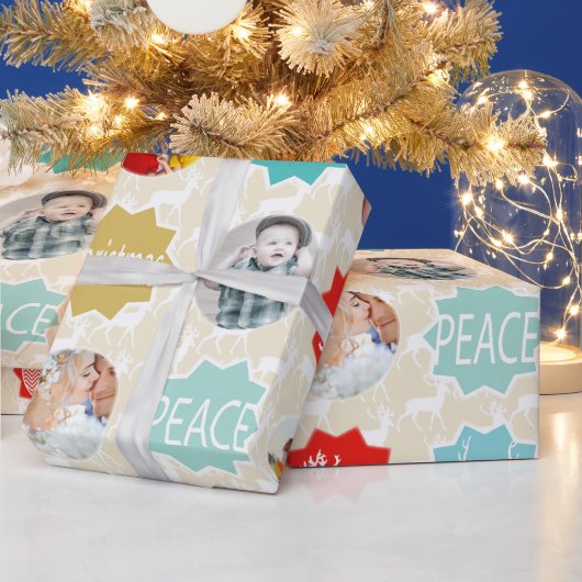 赤い家族写真トナカイのクリスマス明メリーるい ラッピングペーパー (クリスマス)