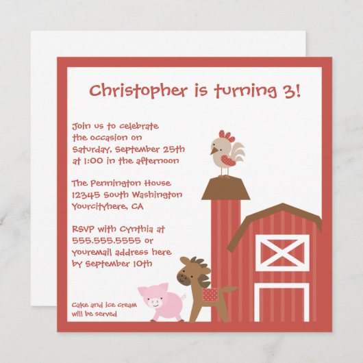 赤い家畜の男の子の誕生日のパーティの招待状 招待状 (正面/裏面)