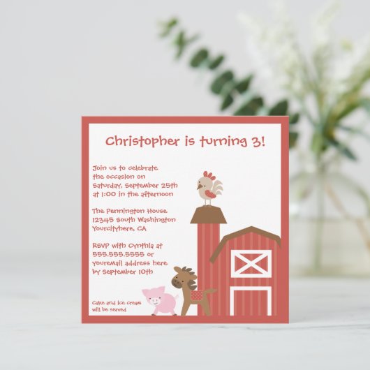 赤い家畜の男の子の誕生日のパーティの招待状 招待状 (スタンド正面)
