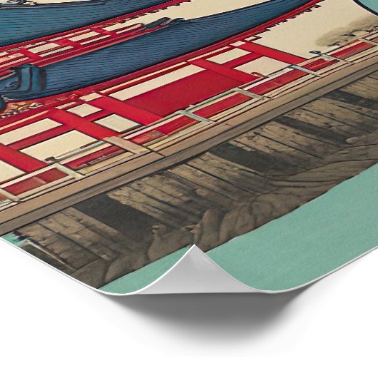 赤い寺院と日本のヴィンテージ浮世絵 ポスター (角)