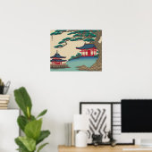 赤い寺院と日本のヴィンテージ浮世絵 ポスター (ホームオフィス)