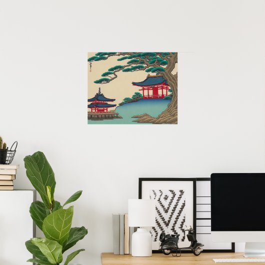 赤い寺院と日本のヴィンテージ浮世絵 ポスター (ホームオフィス)