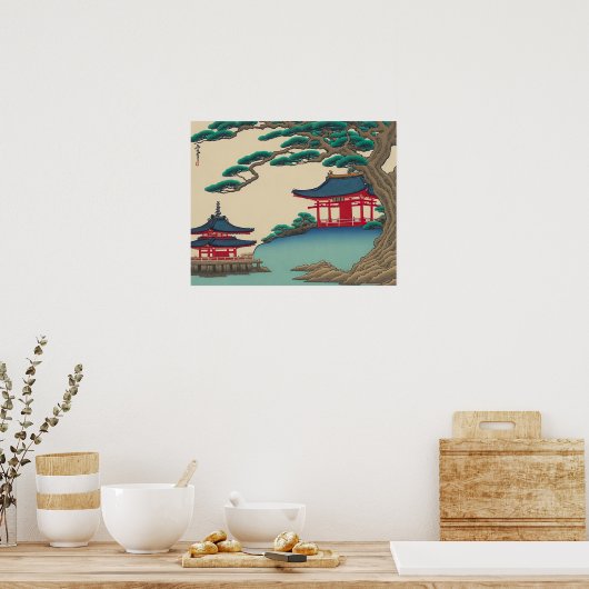 赤い寺院と日本のヴィンテージ浮世絵 ポスター (キッチン)