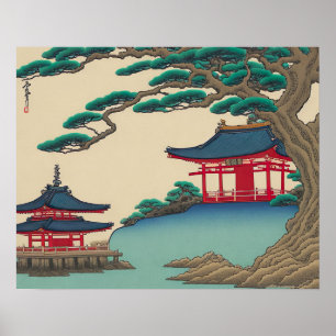 赤い寺院と日本のヴィンテージ浮世絵 ポスター
