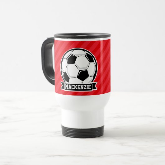 赤い対角サッカーストライプボール トラベルマグ (正面左)