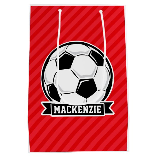 赤い対角サッカーストライプボール ミディアムペーパーバッグ (裏面)