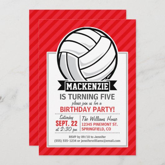 赤い対角バレーボールのストライプ 招待状 (正面/裏面)