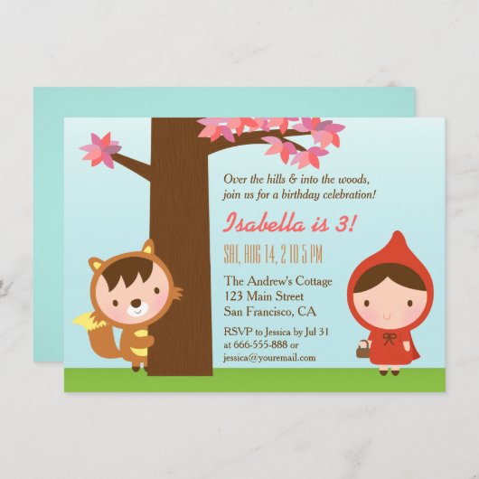 赤い小さな乗り物のフードビッグ·バッド·ウルフ·バースデー·パーティー 招待状 (正面/裏面)