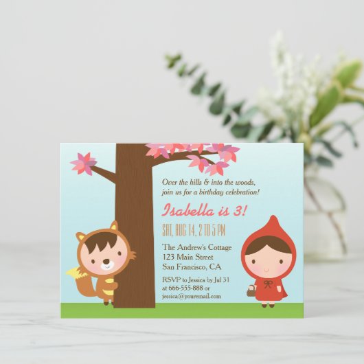 赤い小さな乗り物のフードビッグ·バッド·ウルフ·バースデー·パーティー 招待状 (スタンド正面)