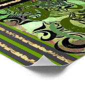 赤い小さな花と緑のダマスクのパターン ポスター (角)