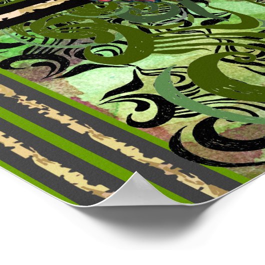 赤い小さな花と緑のダマスクのパターン ポスター (角)