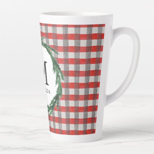赤い小切手と水彩イニシャルリースクリスマス カフェラテマグ (右)