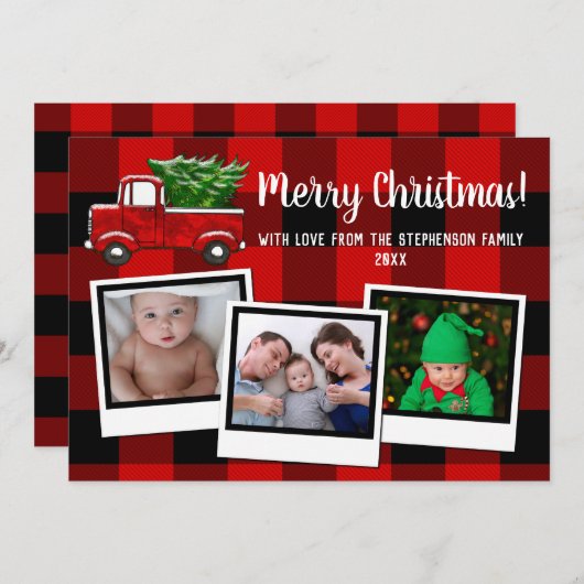 赤い小型トラックのメリークリスマス家族3の写真 招待状 (正面/裏面)