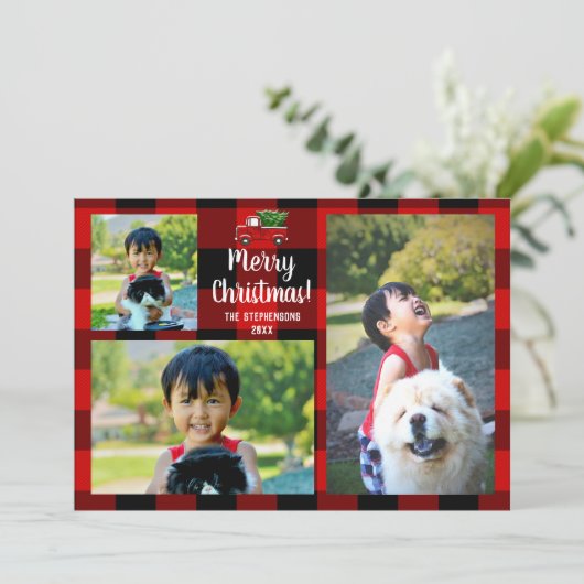 赤い小型トラックの素朴な国のクリスマス3の写真 招待状 (スタンド正面)