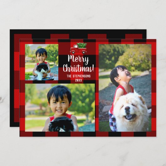 赤い小型トラックの素朴な国のクリスマス3の写真 招待状 (正面/裏面)