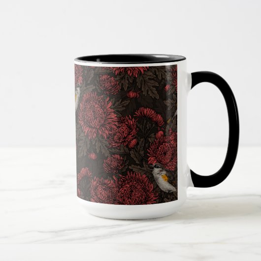 赤い尾の小鳥とキクの花の赤と茶色 マグカップ (右)