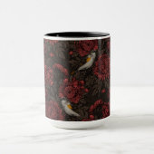 赤い尾の小鳥とキクの花の赤と茶色 マグカップ (中央)