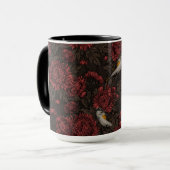 赤い尾の小鳥とキクの花の赤と茶色 マグカップ (正面左)