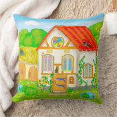 赤い屋根とパティオのある童話の漫画の家 クッション (ブランケット)