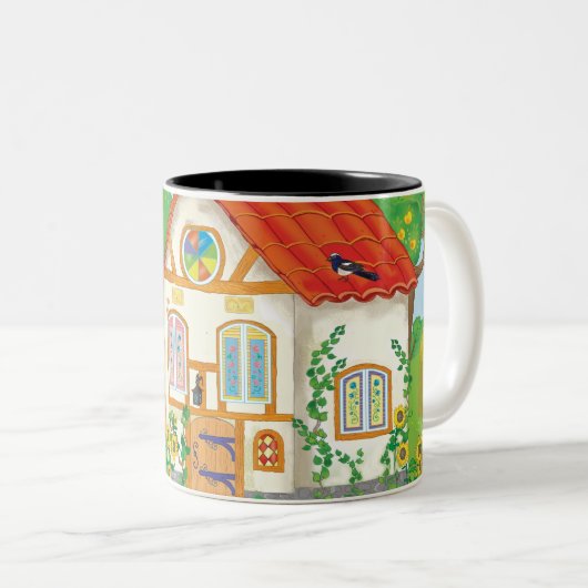 赤い屋根とパティオのある童話の漫画の家 ツートーンマグカップ (正面右)