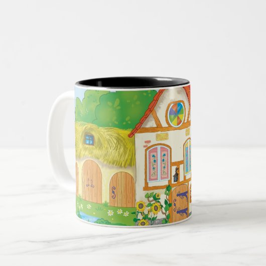 赤い屋根とパティオのある童話の漫画の家 ツートーンマグカップ (正面左)