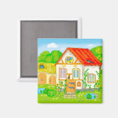 赤い屋根とパティオのある童話の漫画の家 マグネット (正面/裏面)