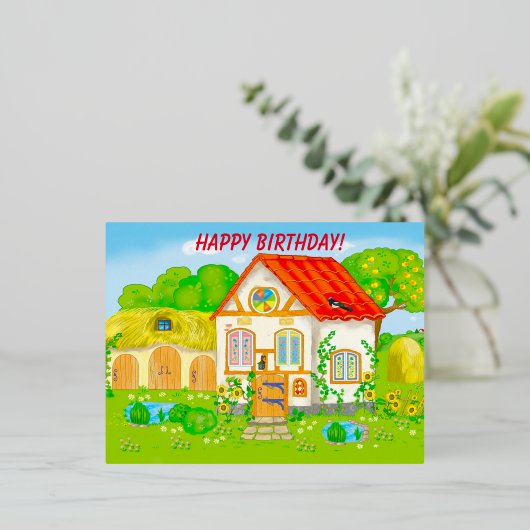 赤い屋根の庭のある童話の家 箔シーズンポストカード (立ち正面)