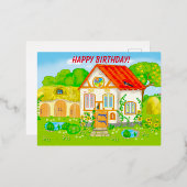 赤い屋根の庭のある童話の家 箔シーズンポストカード (正面/裏面)