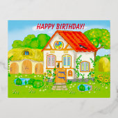 赤い屋根の庭のある童話の家 箔シーズンポストカード (正面)