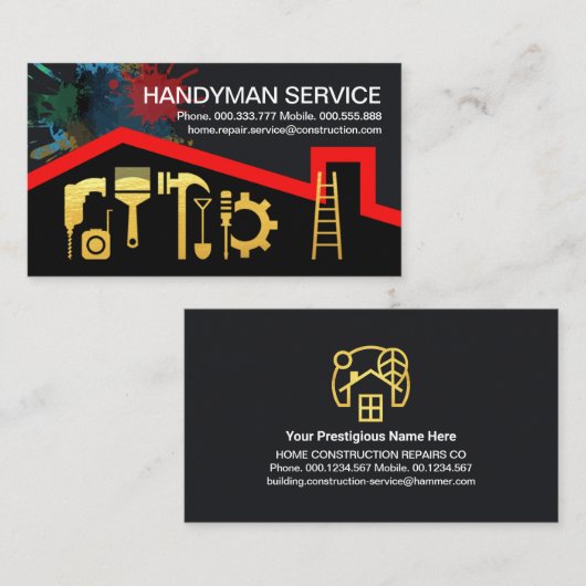 赤い屋根の絵を描(ばちゃばちゃ)跳ねる金ゴールドツール 名刺 (正面/裏面)