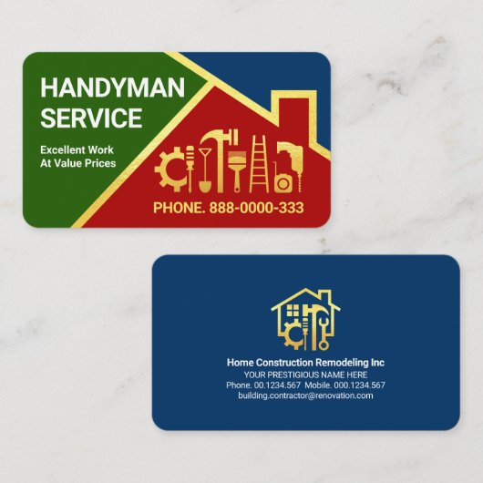 赤い屋根の金ゴールド手作り縁ど用具 名刺 (正面/裏面)