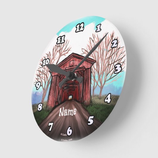 赤い屋根付き橋 ラウンド壁時計 (傾斜)
