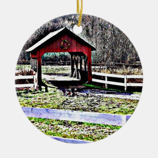 赤い屋根付橋の景色 セラミックオーナメント (正面)