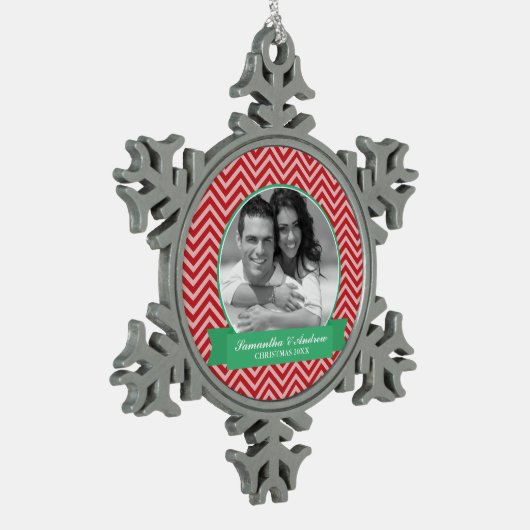 赤い山かっこのパターンカスタムの写真 スノーフレークピューターオーナメント (左)