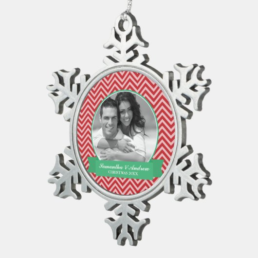 赤い山かっこのパターンカスタムの写真 スノーフレークピューターオーナメント (右)