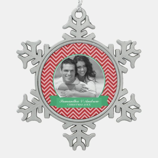 赤い山かっこのパターンカスタムの写真 スノーフレークピューターオーナメント (正面)