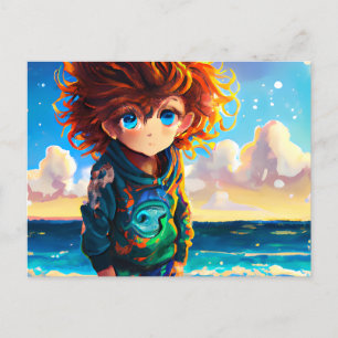 赤い巻き毛のアニメボーイの油絵 ポストカード