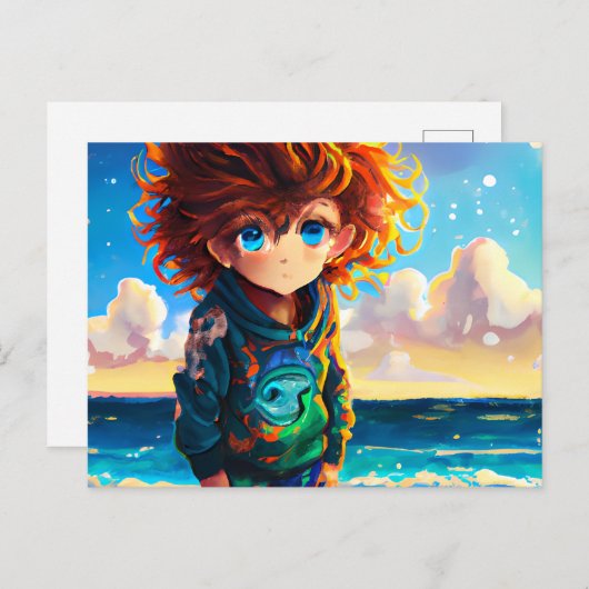 赤い巻き毛のアニメボーイの油絵 ポストカード (正面/裏面)