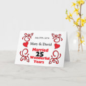 赤い巻物とハートの名前&日付 25周年記念 カード (黄色い花)