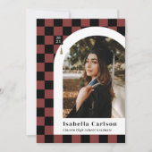赤い市松模様にアーチユニーク写真の卒業 案内状 (正面)