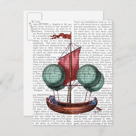 赤い帆が付いている熱気の気球の飛行船 ポストカード (正面/裏面)