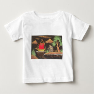 赤い帆船の風景 油彩画 アートプリント ベビーTシャツ