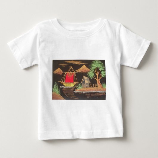 赤い帆船の風景 油彩画 アートプリント ベビーTシャツ (正面)