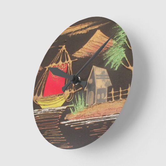 赤い帆船の風景 油彩画 アートプリント ラウンド壁時計 (傾斜)