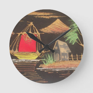 赤い帆船の風景 油彩画 アートプリント ラウンド壁時計
