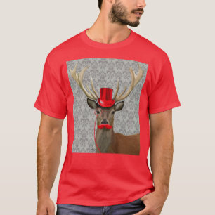 赤い帽子および口ひげを持つシカ Tシャツ