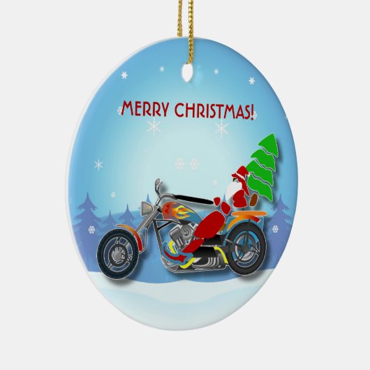 赤い帽子が付いているクリスマスのサンタの乗馬のチョッパーのバイク セラミックオーナメント (右)