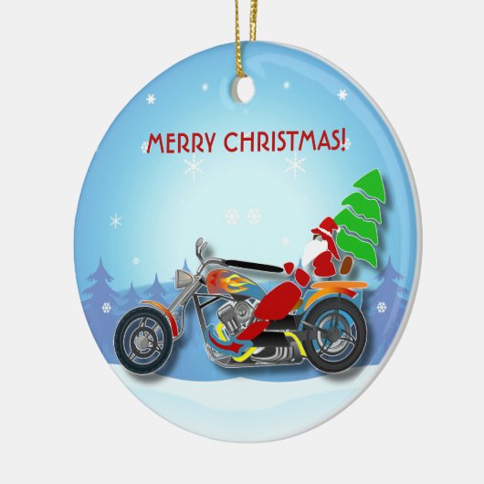 赤い帽子が付いているクリスマスのサンタの乗馬のチョッパーのバイク セラミックオーナメント (左)