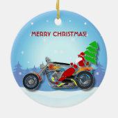 赤い帽子が付いているクリスマスのサンタの乗馬のチョッパーのバイク セラミックオーナメント (裏面)