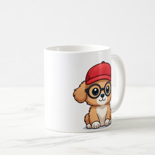 赤い帽子とメガネをかけたかわいい子犬 | 漫画の犬 コーヒーマグカップ (正面右)